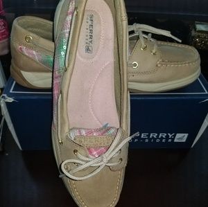 Sperry Tan and pink shoes.